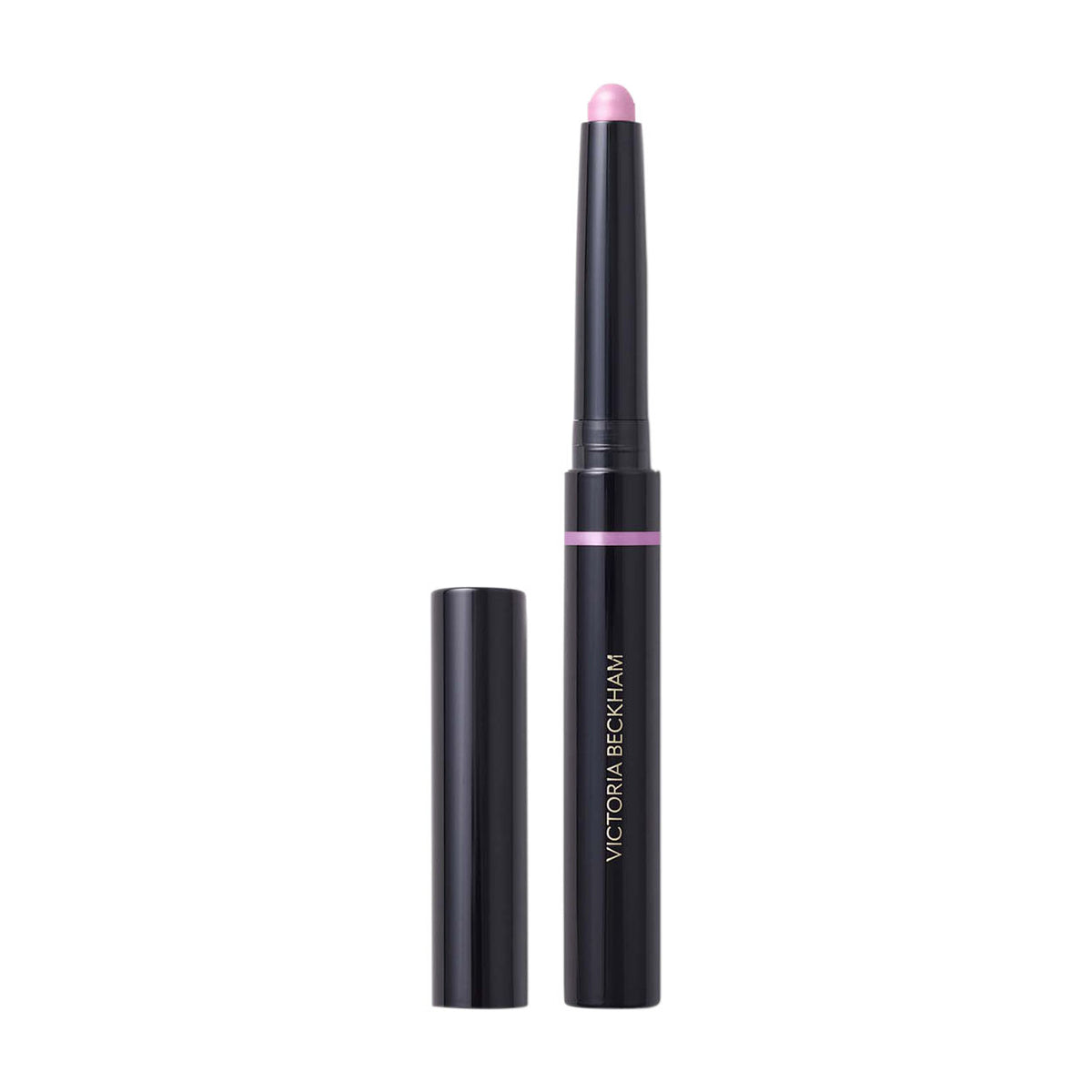A Victoria Beckham Beauty EyeWear lavender eyeshadow stick with a shimmer finish in a black twist-up tube with its cap removed.