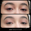 Before and after comparison of eyes wearing creaseproof matte pinkish-beige Cashmere Matte Eyelights in the shade Mallo Coast.