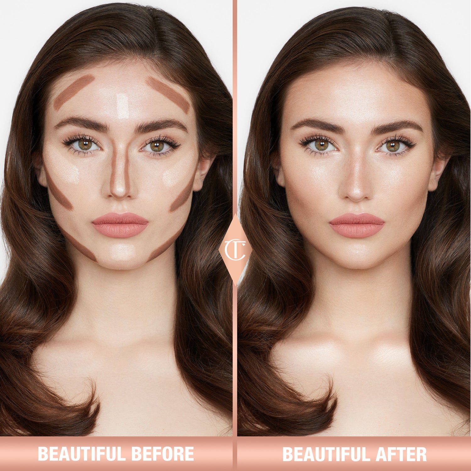 Before and after results of using Charlotte Tilbury  Hollywood Contour Wand variant: Medium-Tan