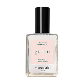 Manucurist Poppy Red milky white, non-toxic nail polish in a bottle with a black cap and a label reading green, quick dry, intense color.