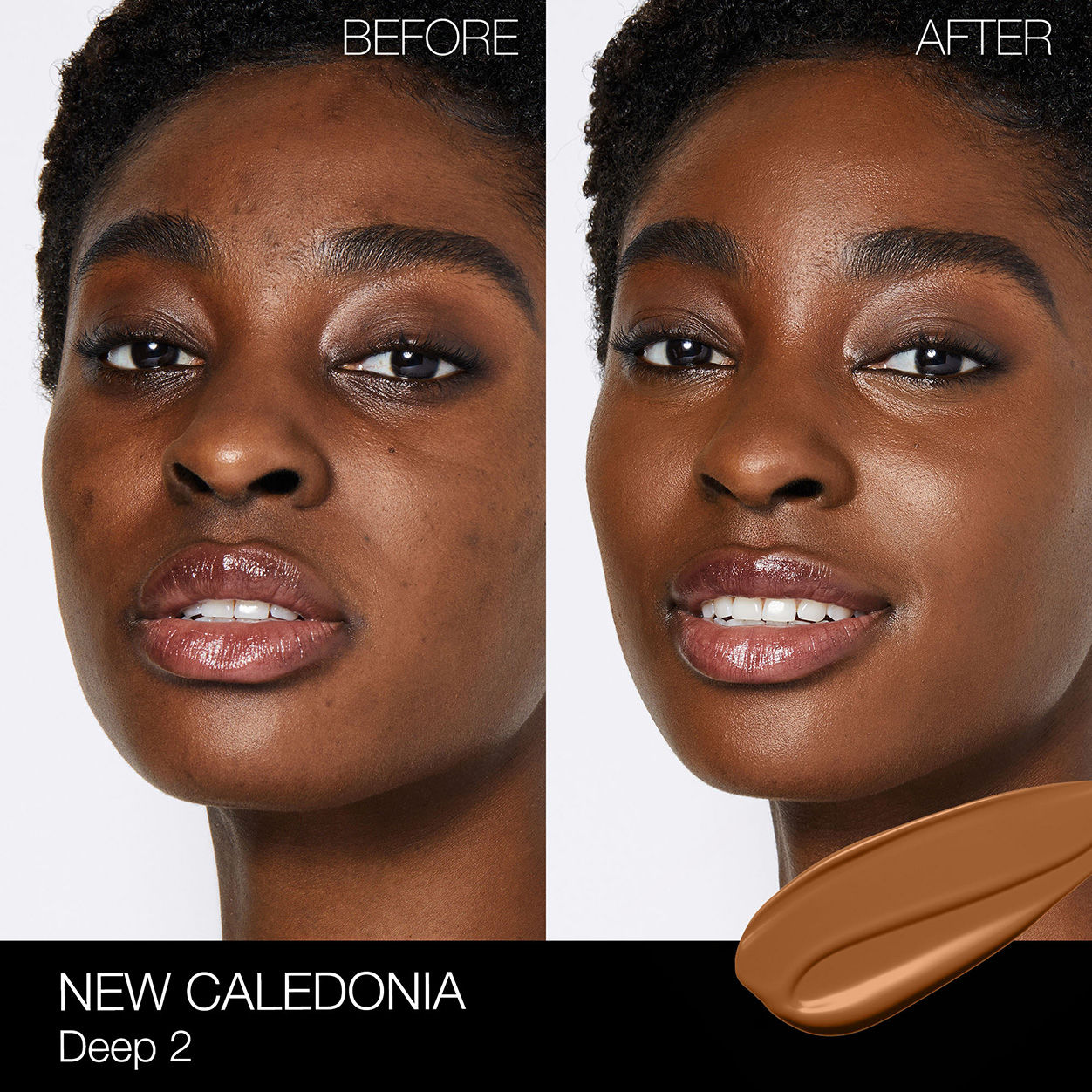 Before and after results of using Nars Light Reflecting Foundation variant: New Caledonia D2