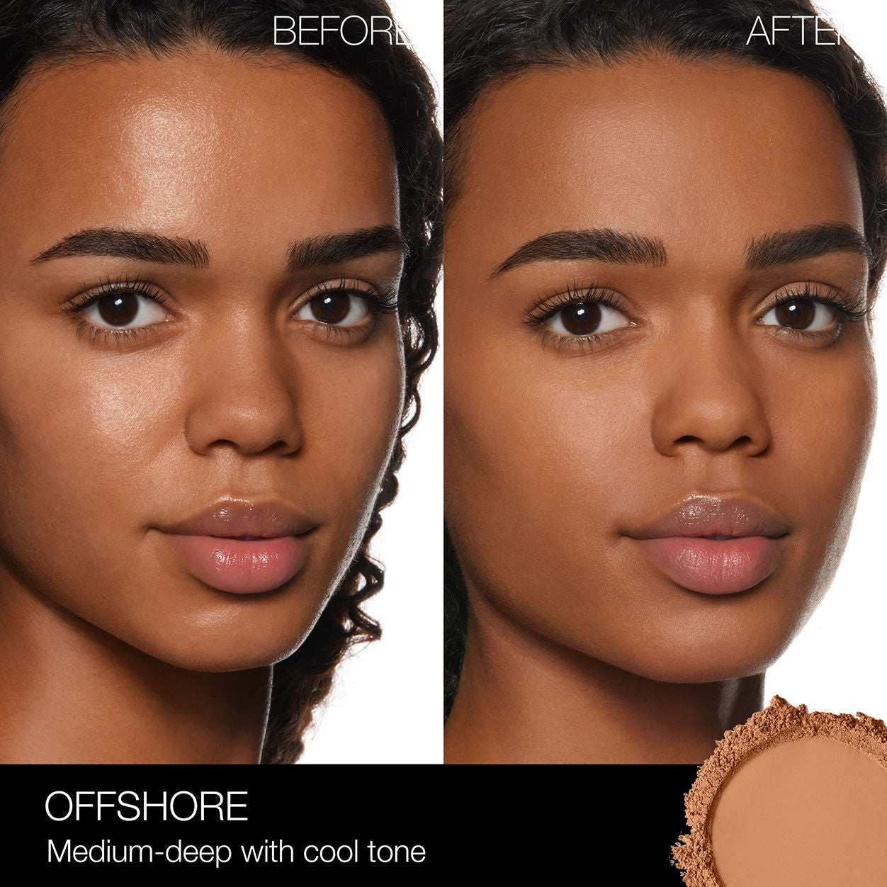 Before and after results of using Nars Soft Matte Advanced Perfecting Powder variant: Offshore