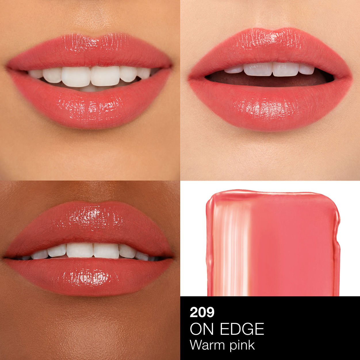 A shade comparison of Nars Afterglow Sensual Shine Lipstick variant: On Edge