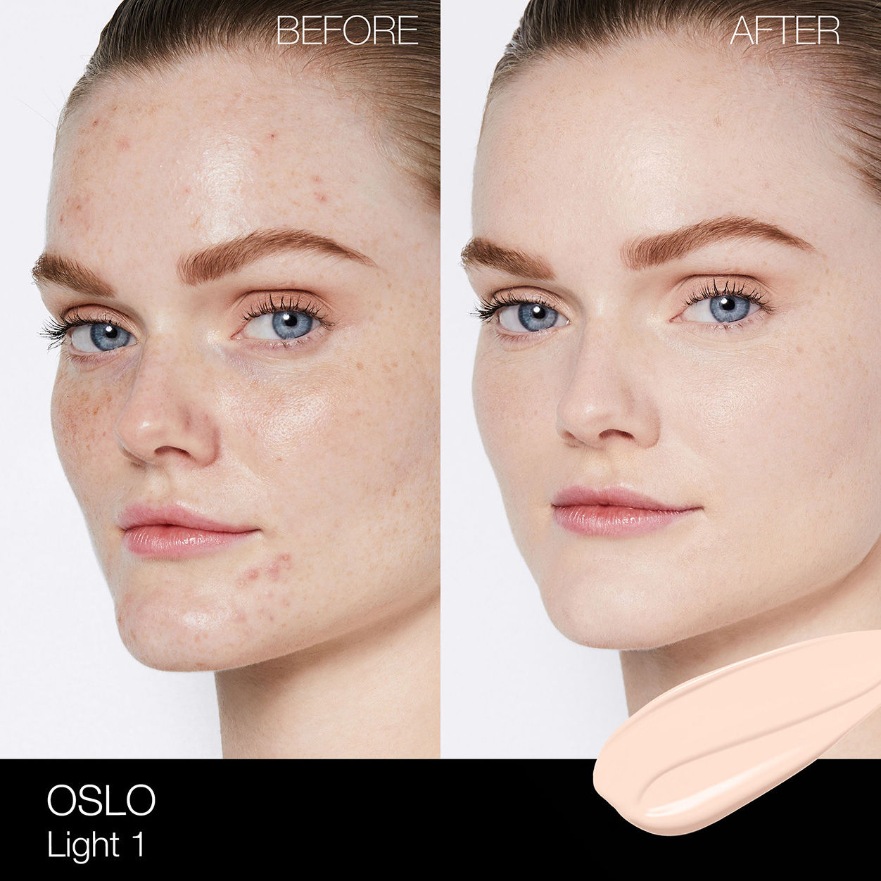 Before and after results of using Nars Light Reflecting Foundation variant: Oslo L1