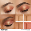 Three close-up views of eyes with shimmering peach and gold eyeshadow capturing golden hour warmth, next to a Tom Ford Soleil Eye Color Quad Lumiere Eyeshadow four-pan palette with two tan, one gold, and one coral shade.