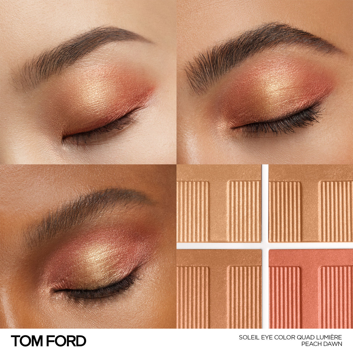Three close-up views of eyes with shimmering peach and gold eyeshadow capturing golden hour warmth, next to a Tom Ford Soleil Eye Color Quad Lumiere Eyeshadow four-pan palette with two tan, one gold, and one coral shade.