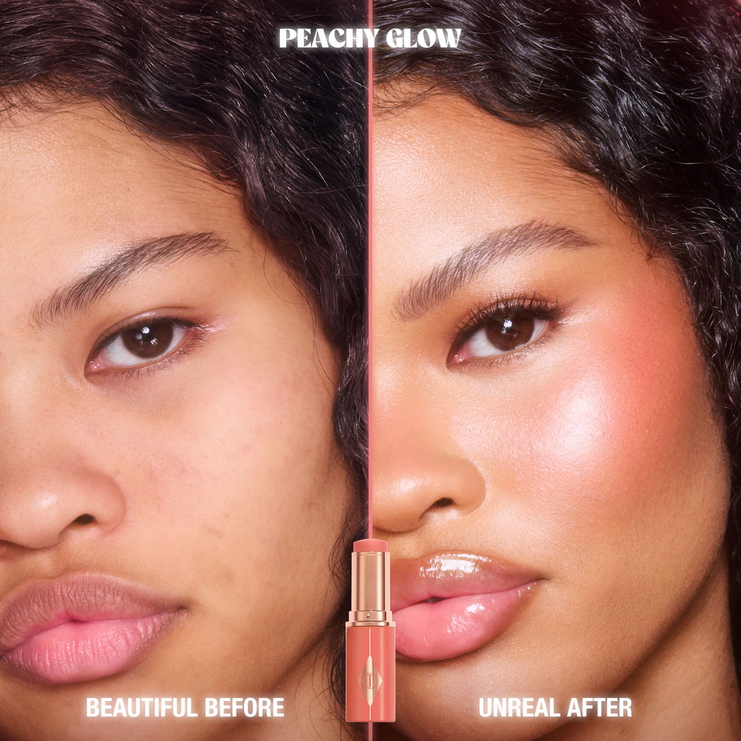Before and after results of using Charlotte Tilbury Unreal Lip + Cheek Glow Blush Stick with Hyaluronic Acid variant: Peachy Glow