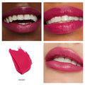 Collage showing three close-ups of lips wearing bright pink, satin finish Jane Iredale ColorLuxe Hydrating Cream Lipstick, alongside a swatch of the shade labeled Peony.