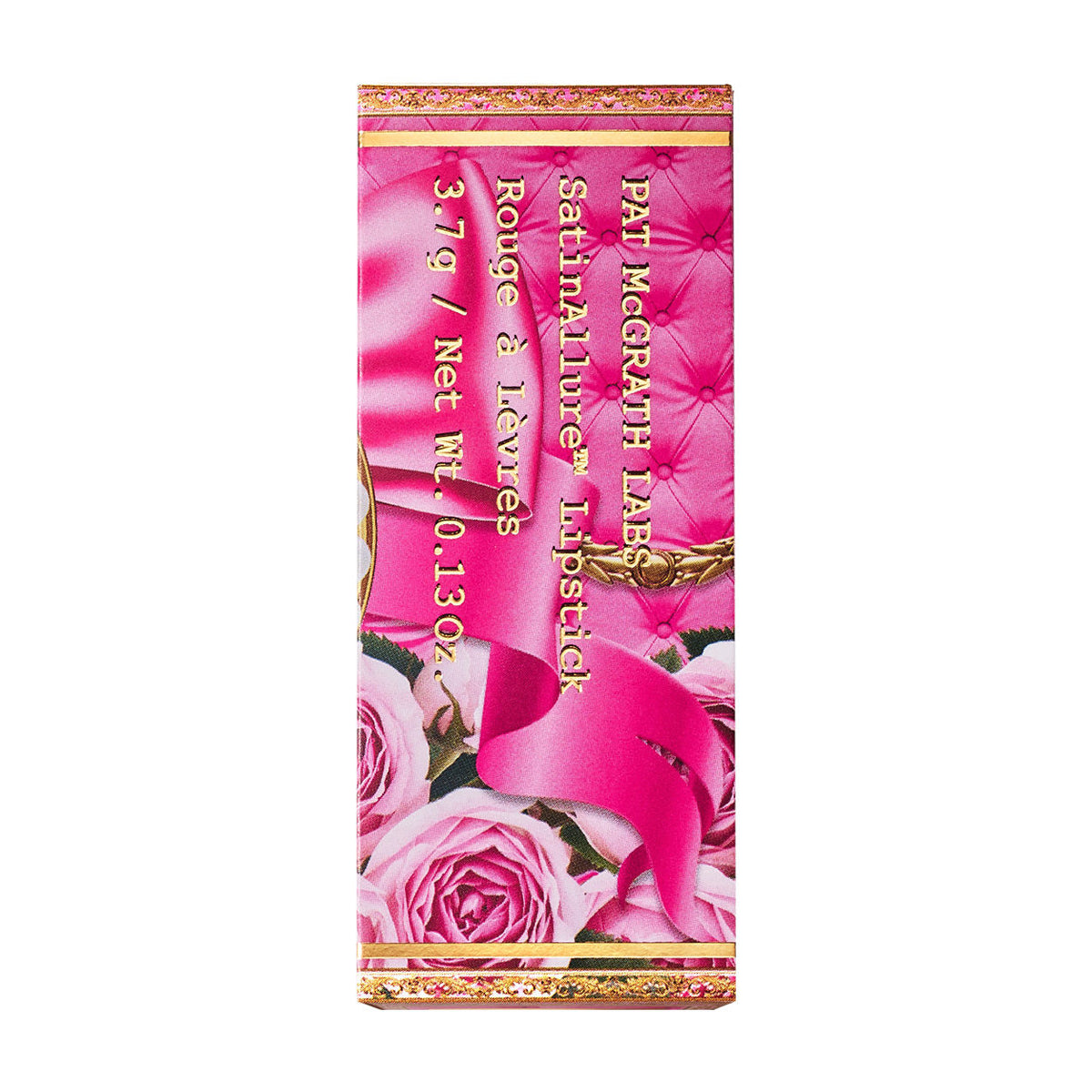 Pink rectangular SatinAllure Lipstick box with a tufted texture, rose illustrations, and gold trim, printed with text to help you speak volumes through weightless silky smooth lip color.