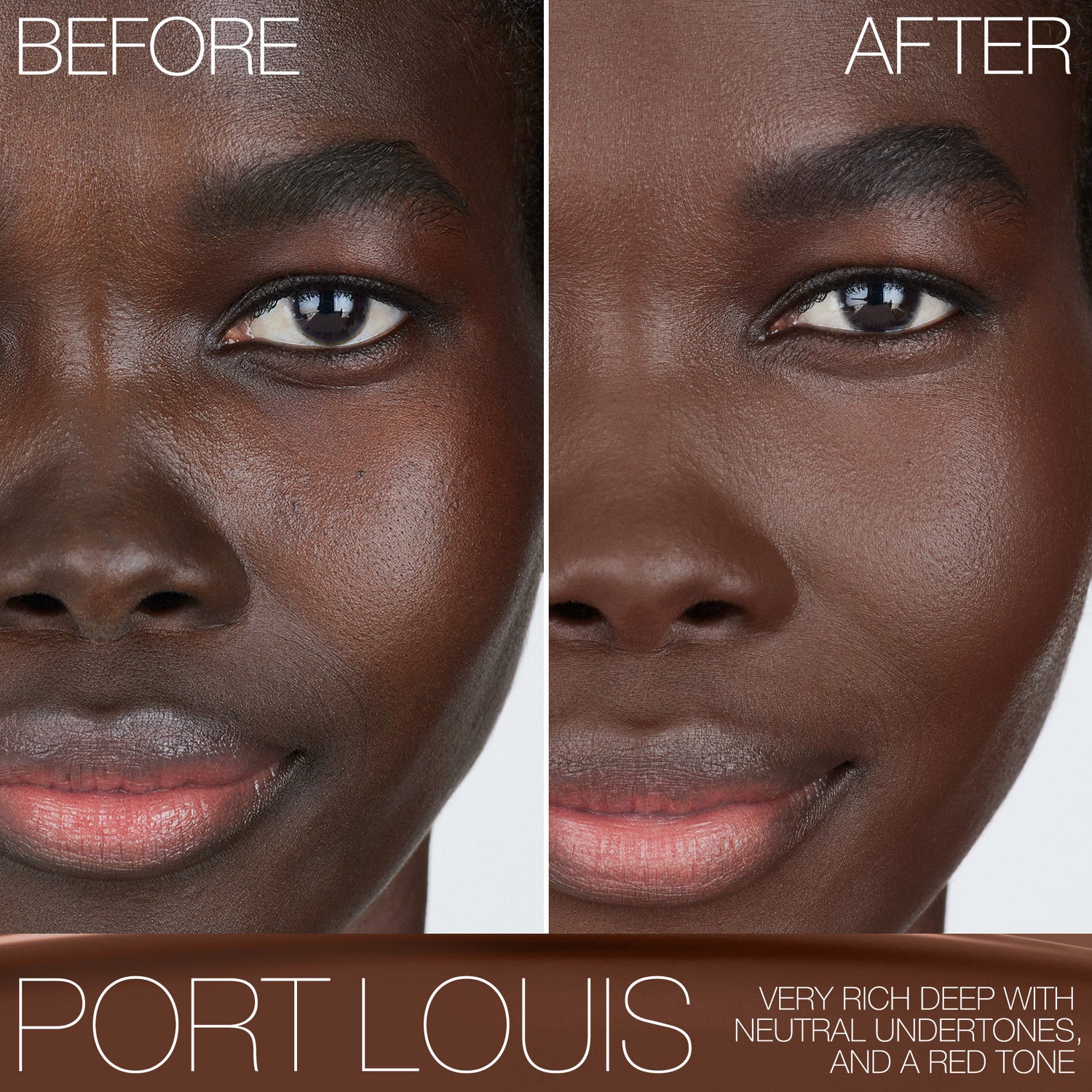 Before and after results of using Nars Light Reflecting Foundation variant: Port Louis D.75