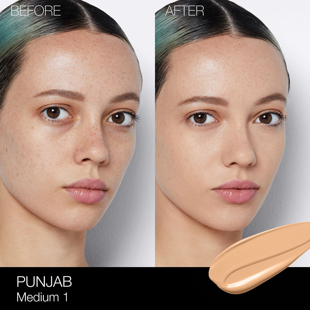 Before and after results of using Nars Light Reflecting Foundation variant: Punjab M1