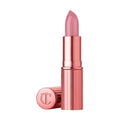 Open tube of Charlotte Tilbury K.I.S.S.I.N.G. Lipstick in a long-lasting pink shade with a metallic rose-gold casing and its matching cap lying beside it.