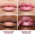 Four close-up panels showing lips before and after applying Charlotte Tilbury K.I.S.S.I.N.G. Lipstick in a mauve-pink satin shade, with text reading Beautiful Before Red Carpet Pink and Beautiful After Red Carpet Pink.