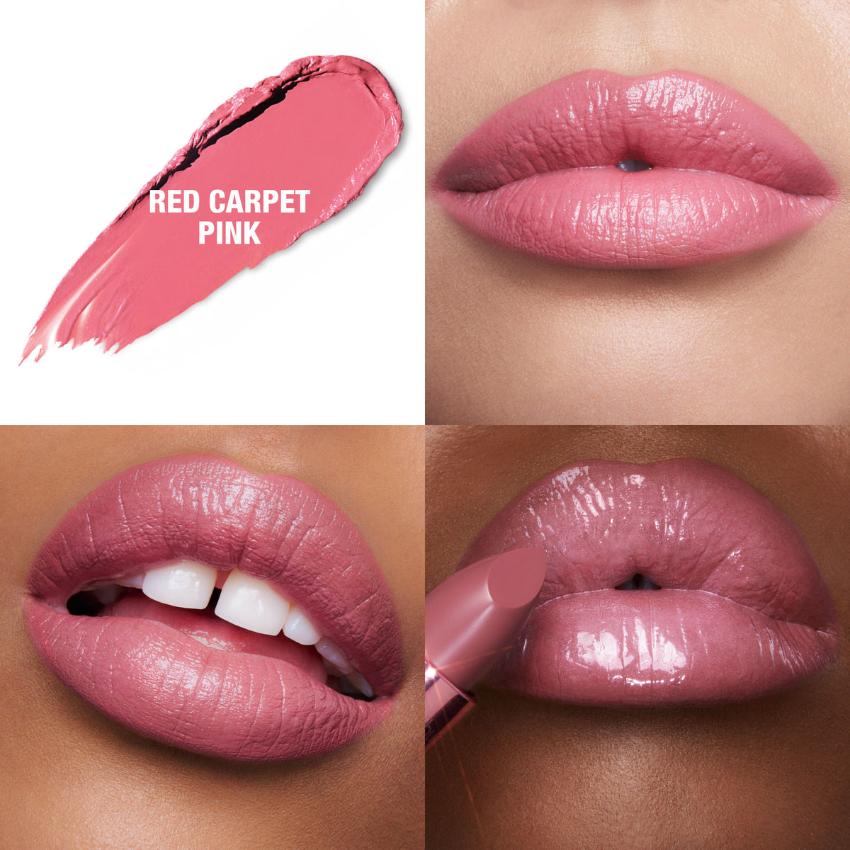A collage showing a Red Carpet Pink K.I.S.S.I.N.G. Lipstick swatch and close-up views of the moisturizing, satin shine lipstick applied to lips.
