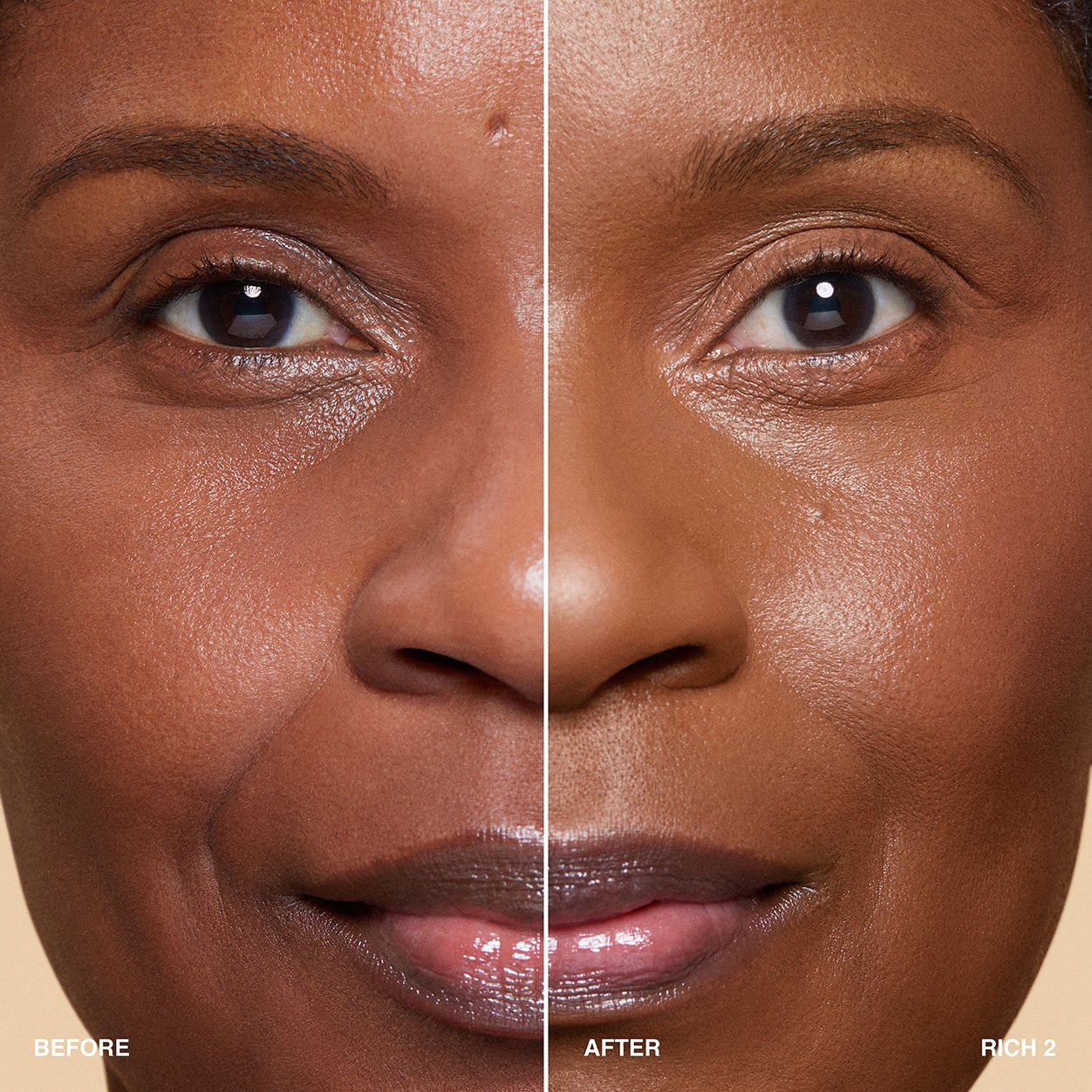 Before and after results of using Bobbi Brown Vitamin Enriched Hydrating Skin Tint SPF 15 with Hyaluronic Acid variant: Rich 2