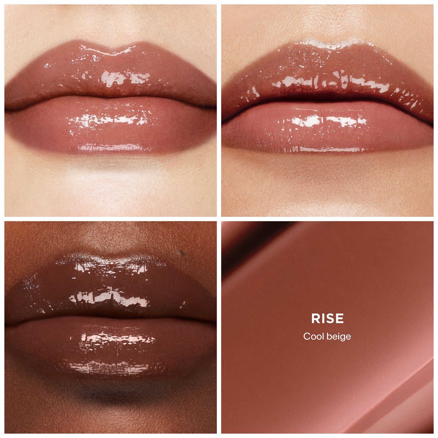 A shade comparison of Hourglass Phantom Volumizing Glossy Balm variant: Rise