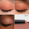 Three close-up views of eyes wearing matte pink Bobbi Brown Long-Wear Waterproof Cream Eyeshadow Stick in Rose Haze, shown next to a product swatch.