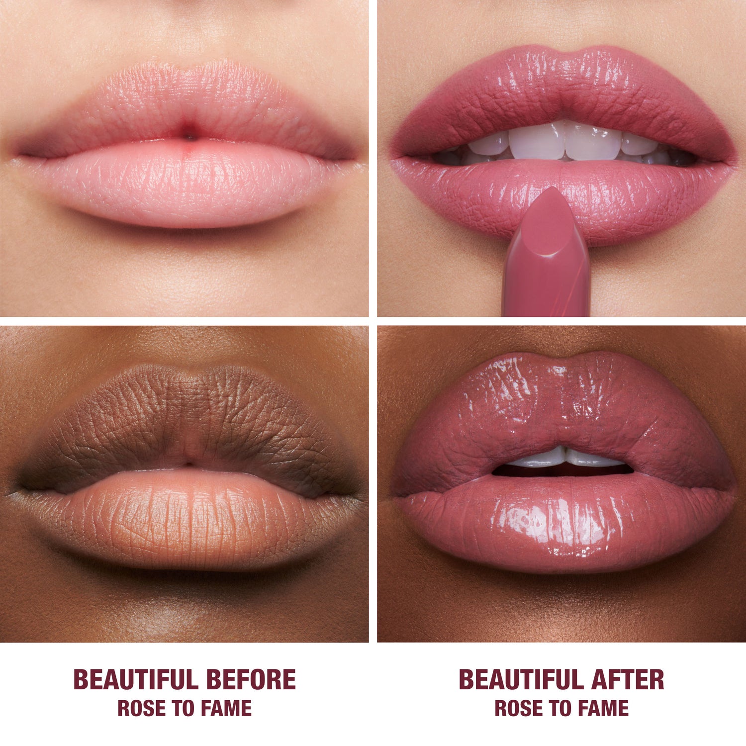 Before and after results of using Charlotte Tilbury K.I.S.S.I.N.G. Lipstick variant: Rose To Fame
