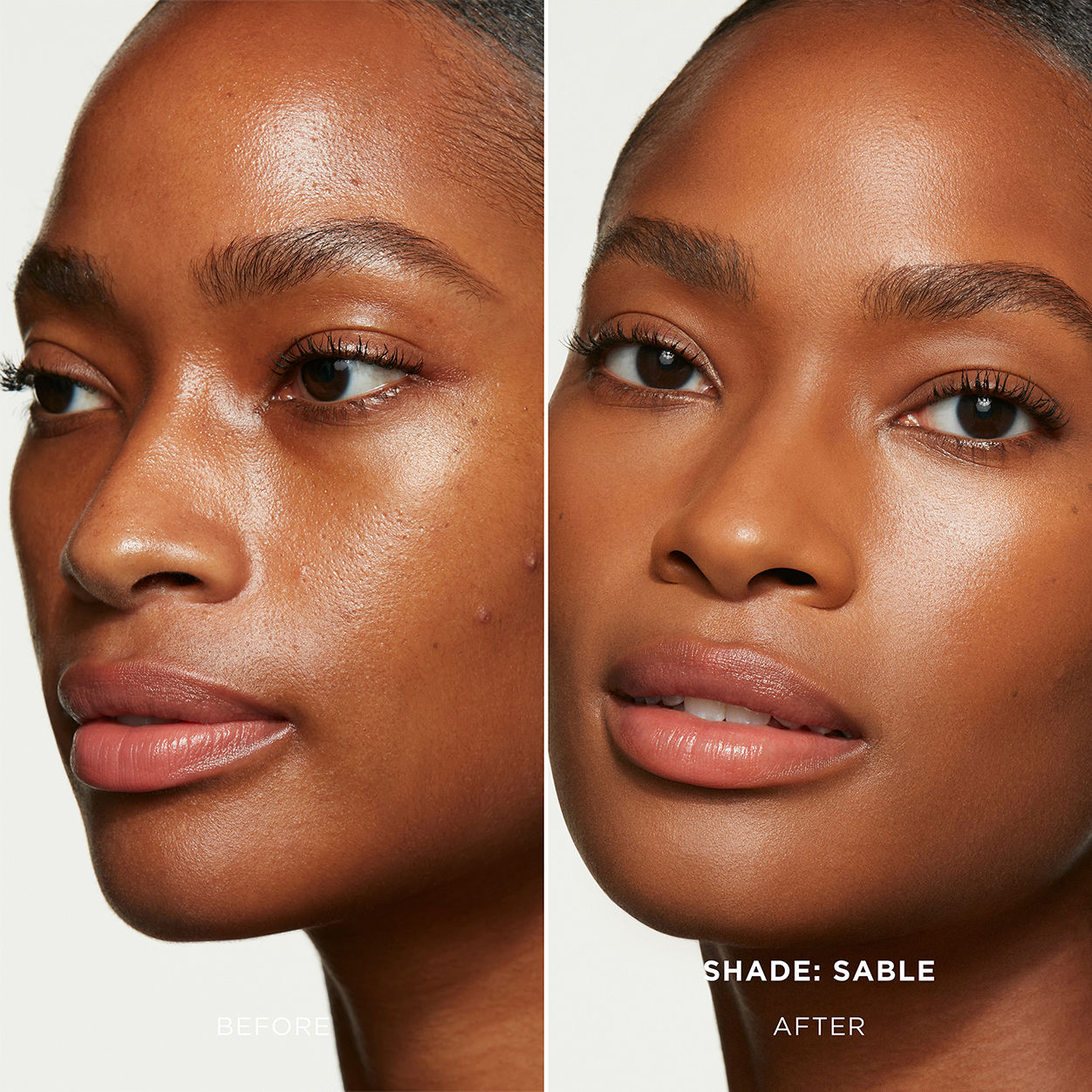 Before and after results of using Hourglass Vanish Seamless Finish Foundation Stick variant: Sable 15.5