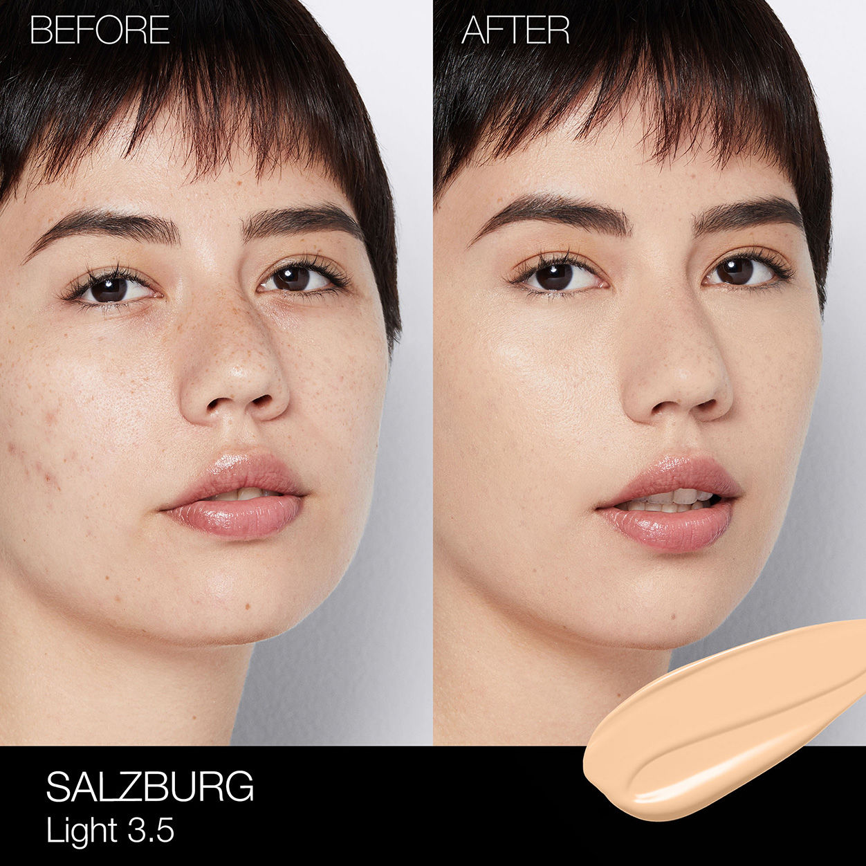 Before and after results of using Nars Light Reflecting Foundation variant: Salzburg L3.5