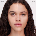Split-screen comparison of a person’s face showing skin texture before and after applying Ogee Sculpted Skin-Perfecting Powder for a blurring finish.