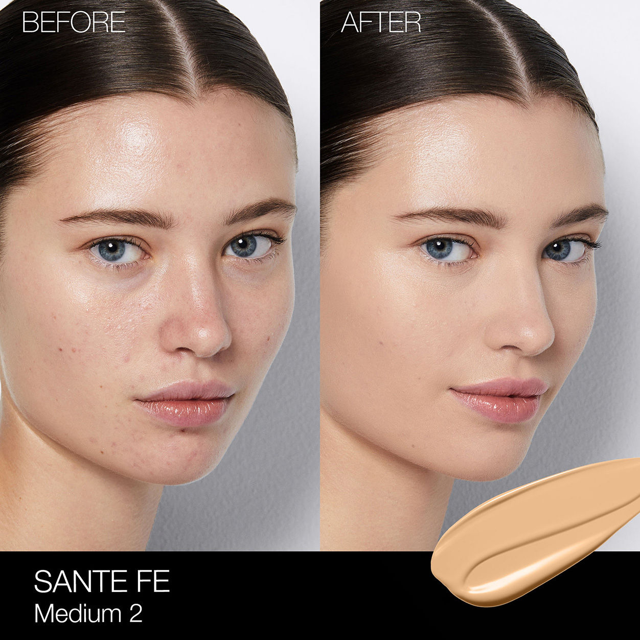 Before and after results of using Nars Light Reflecting Foundation variant: Santa Fe M2