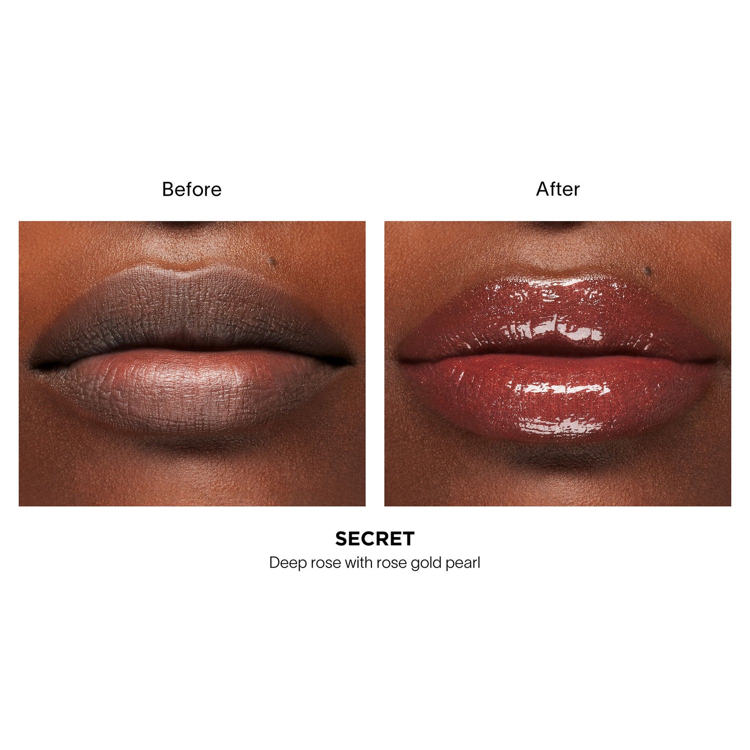 Before and after results of using Hourglass Phantom Volumizing Glossy Balm variant: Secret 85