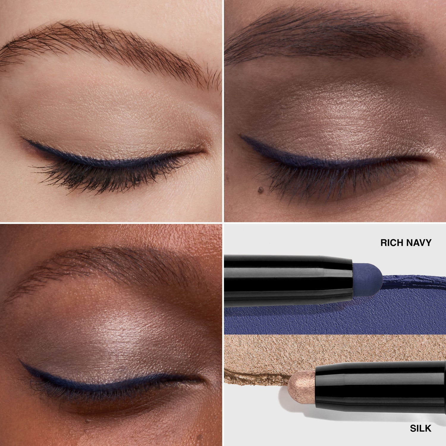 Model image of Bobbi Brown Dual-Ended Long-Wear Waterproof Cream Eyeshadow Stick variant: Silk / Rich Navy