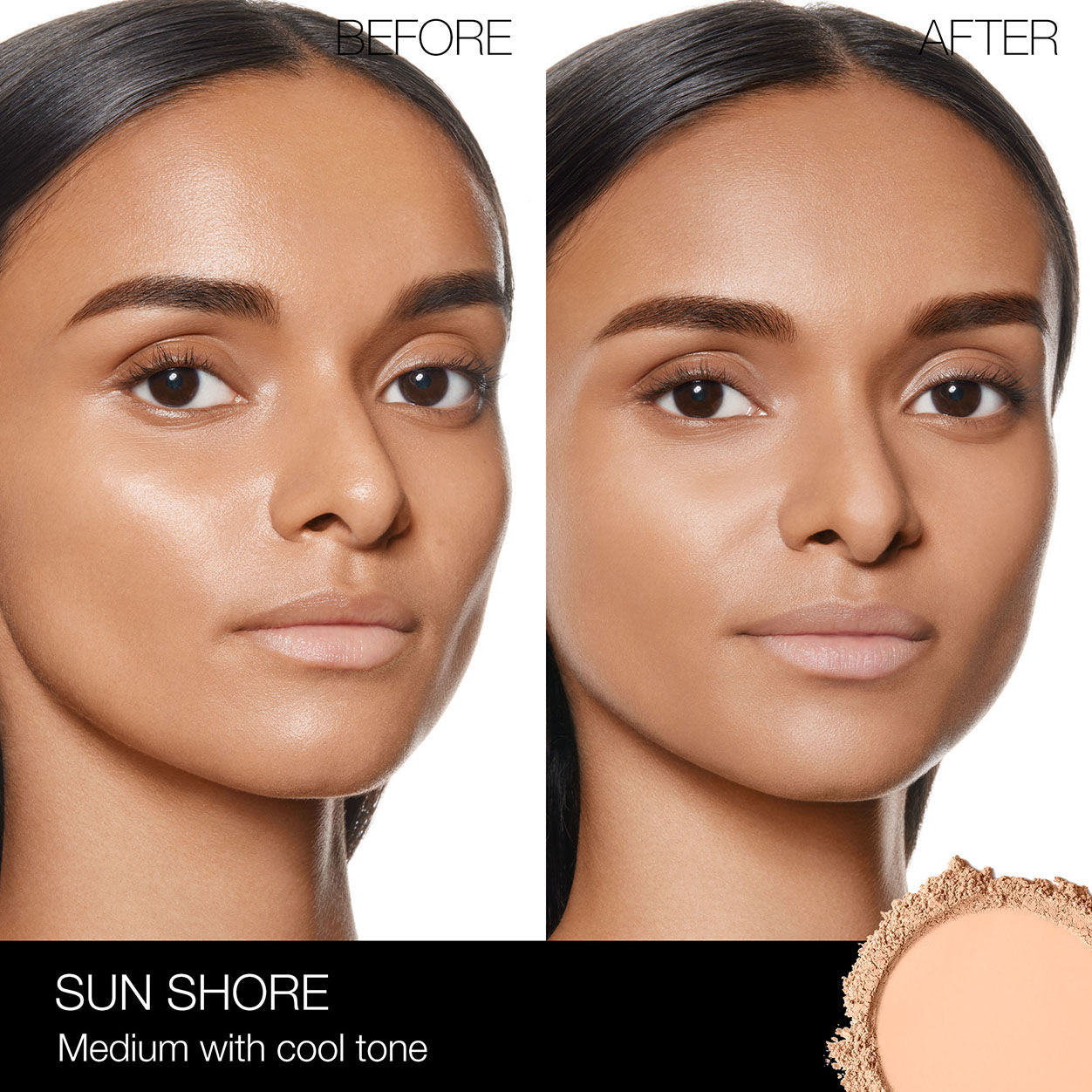 Before and after results of using Nars Soft Matte Advanced Perfecting Powder variant: Sun Shore