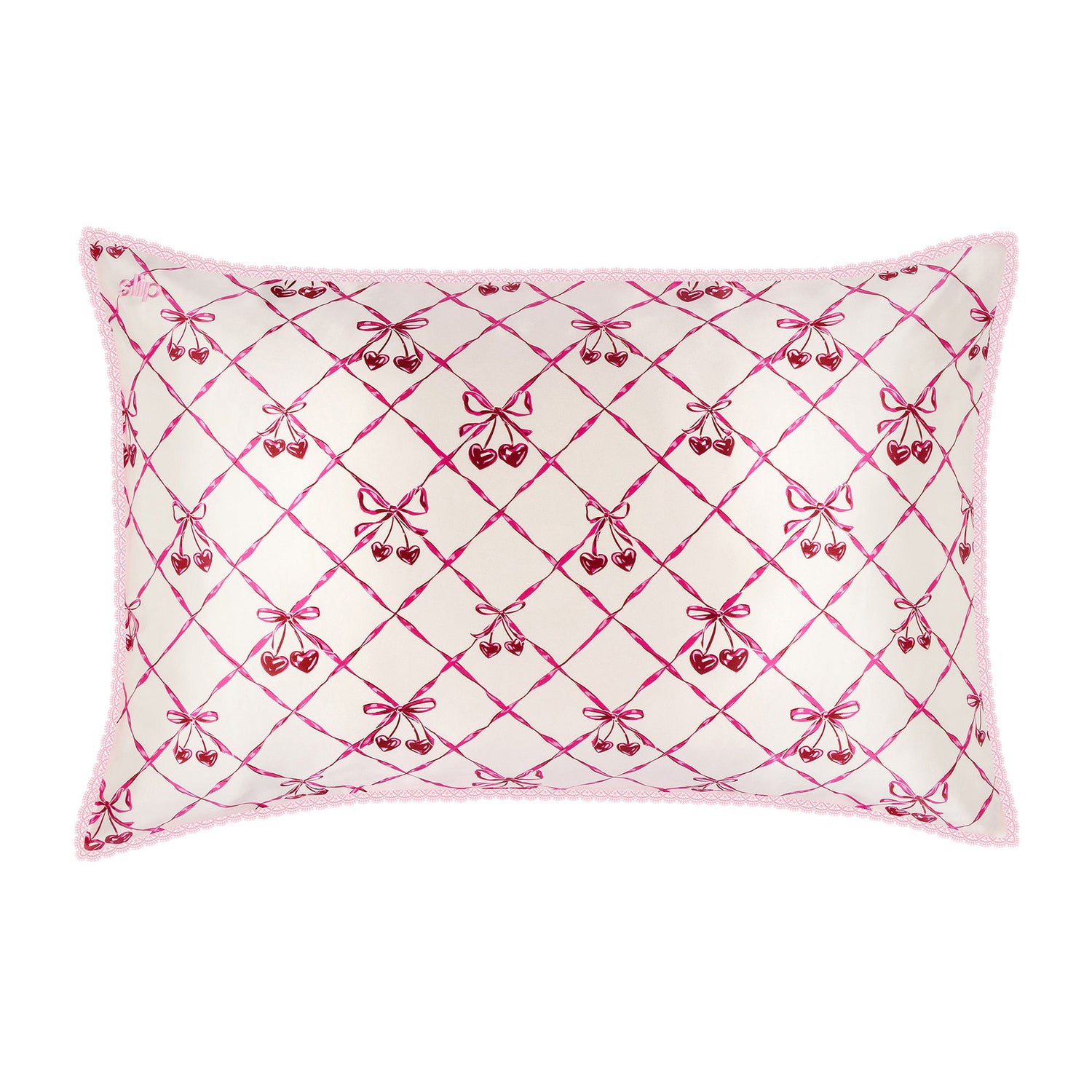 Image of an open Slip Pure Silk Queen Pillowcase with Lace Trim (Limited Edition) variant: Sweet Cherry