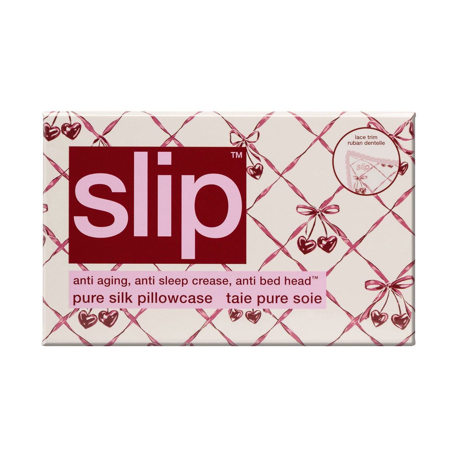 Image of the Slip Pure Silk Queen Pillowcase with Lace Trim (Limited Edition) variant: Sweet Cherry box