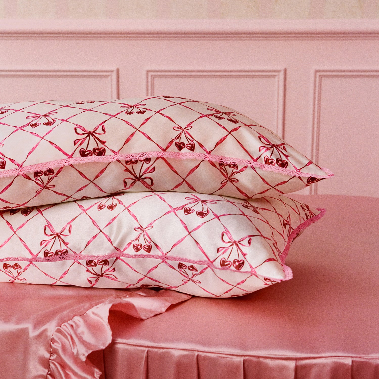 Lifestyle image of Slip Pure Silk Queen Pillowcase with Lace Trim (Limited Edition) variant: Sweet Cherry