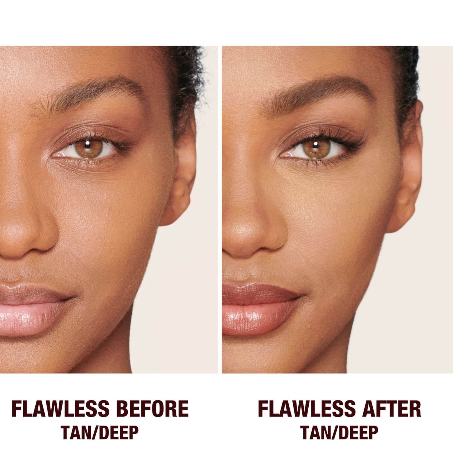Before and after results of using Charlotte Tilbury Airbrush Brightening Flawless Finish Refill variant: Tan/Deep