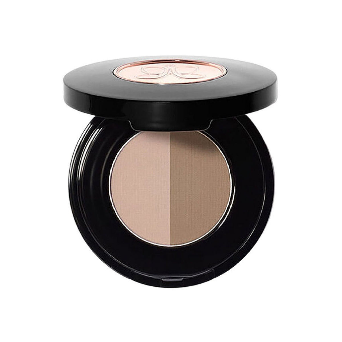 Anastasia Beverly Hills Brow Powder Duo in a round black compact containing light beige and medium brown dual-shade powder to create a natural-looking ombré effect.
