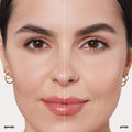 Close-up face showing a before-and-after comparison of eyebrow shaping and filling with Anastasia Beverly Hills Brow Powder Duo, highlighting a natural-looking, ombré effect.