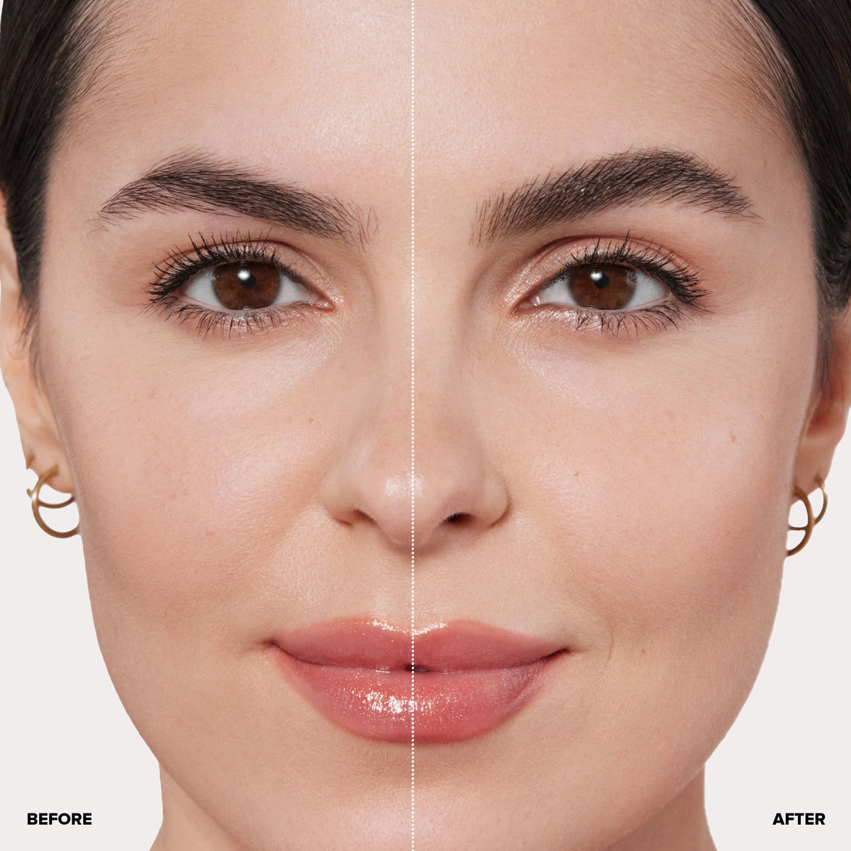 Close-up face showing a before-and-after comparison of eyebrow shaping and filling with Anastasia Beverly Hills Brow Powder Duo, highlighting a natural-looking, ombré effect.