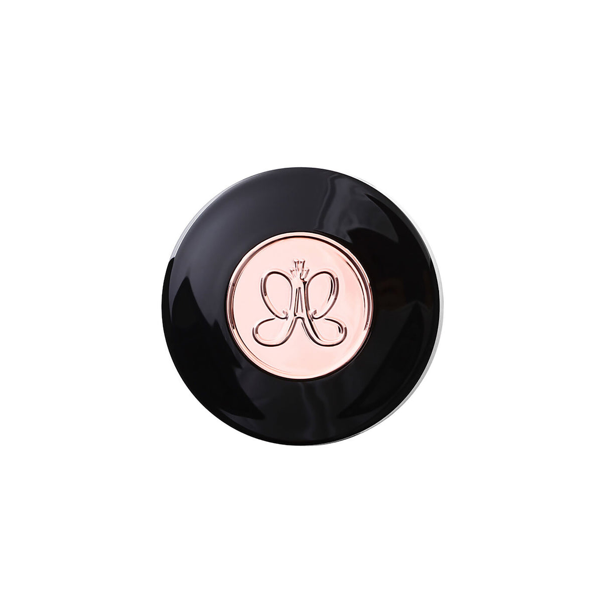 Closed black round Anastasia Beverly Hills Brow Powder Duo compact featuring a centered rose gold logo emblem.