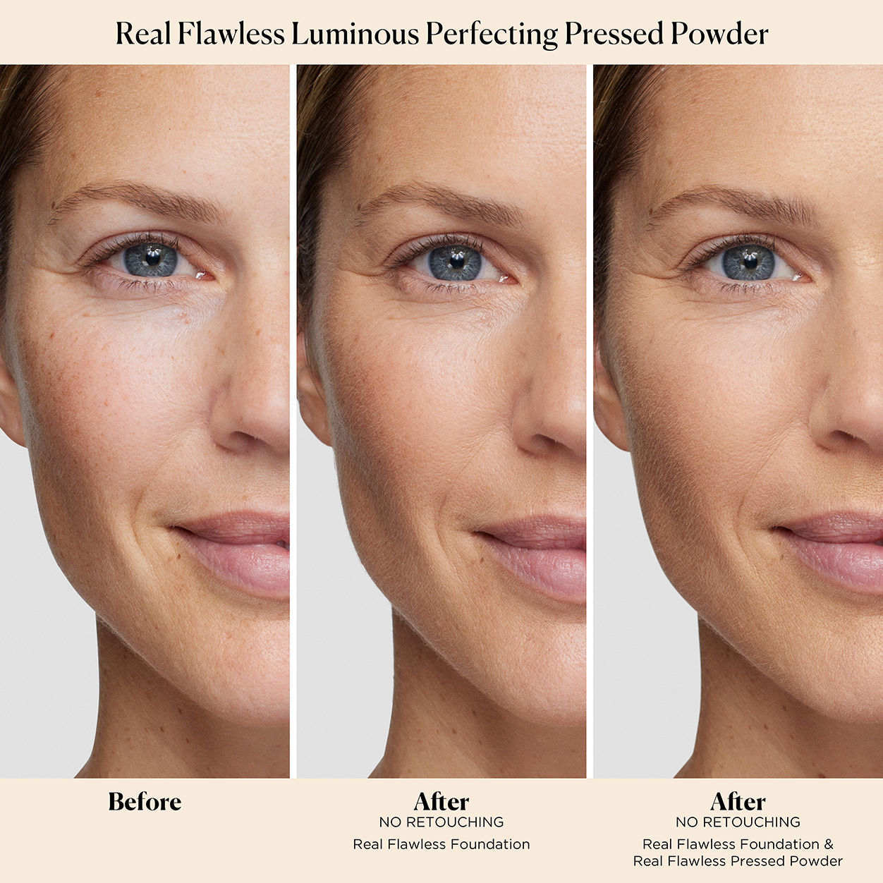 Before and after results of using Laura Mercier Real Flawless Luminous Perfecting Talc-Free Pressed Powder variant: Translucent Honey