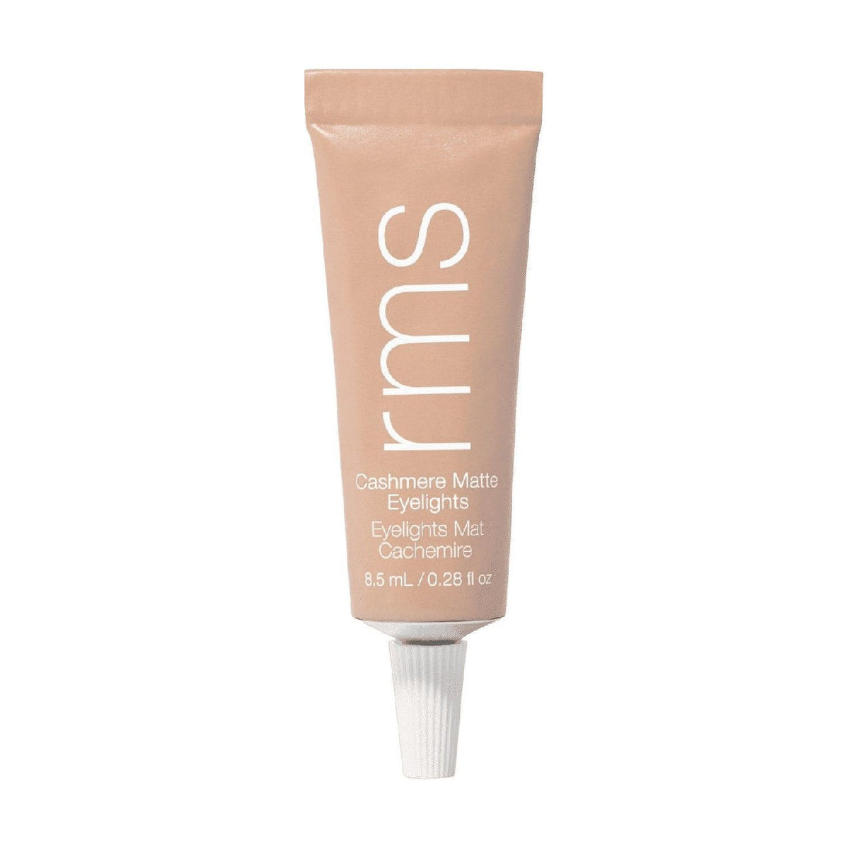 A beige squeeze tube of RMS Beauty Cashmere Matte Eyelights with a white cap, featuring white text detailing the product name and volume.