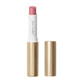 Jane Iredale ColorLuxe Hydrating Cream Lipstick in an open tube with a bold rose color, satin finish, gold casing, and a matching cap.