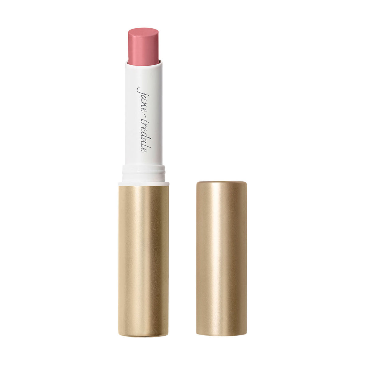 Jane Iredale ColorLuxe Hydrating Cream Lipstick in an open tube with a bold rose color, satin finish, gold casing, and a matching cap.