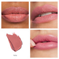 Three close-up views of lips wearing Jane Iredale ColorLuxe Hydrating Cream Lipstick in a mauve, satin finish, accompanied by a TUTU color swatch.