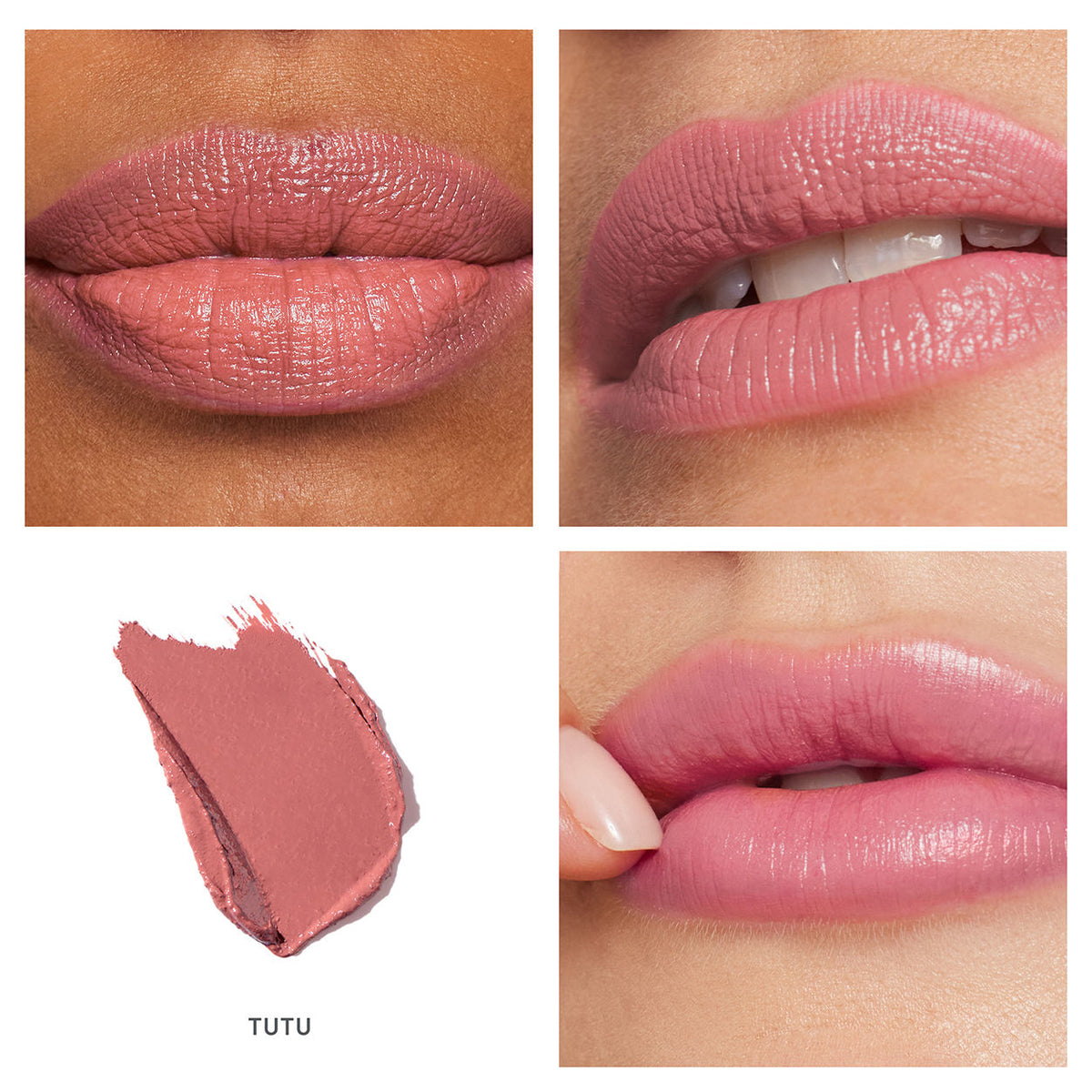Three close-up views of lips wearing Jane Iredale ColorLuxe Hydrating Cream Lipstick in a mauve, satin finish, accompanied by a TUTU color swatch.