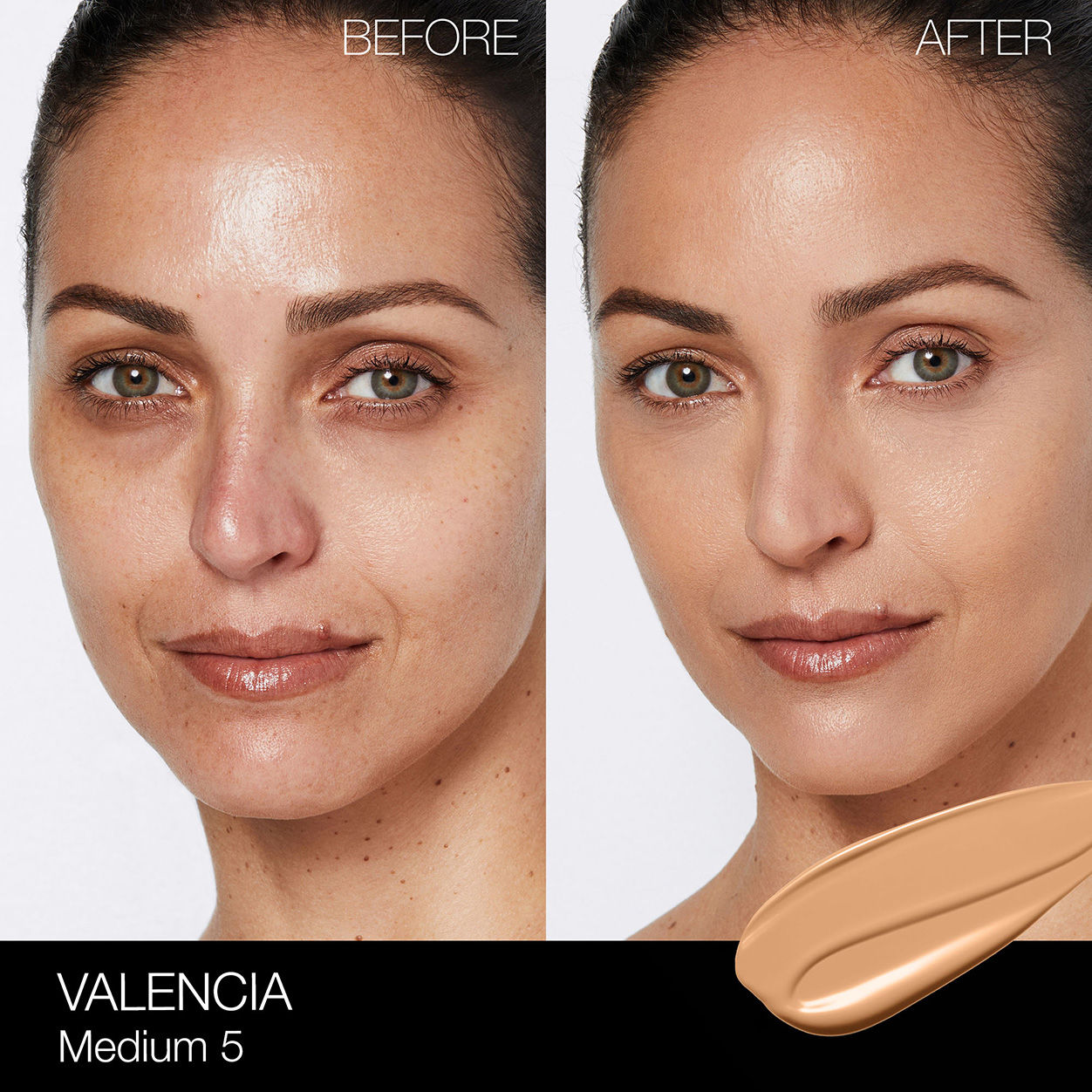 Before and after results of using Nars Light Reflecting Foundation variant: Valencia M5
