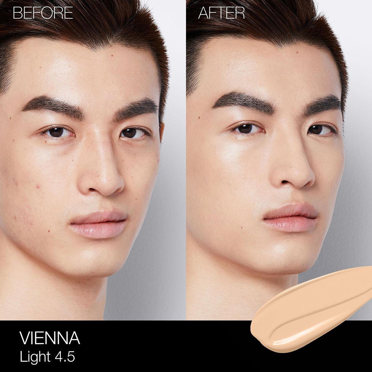 Before and after results of using Nars Light Reflecting Foundation variant: Vienna L4.5