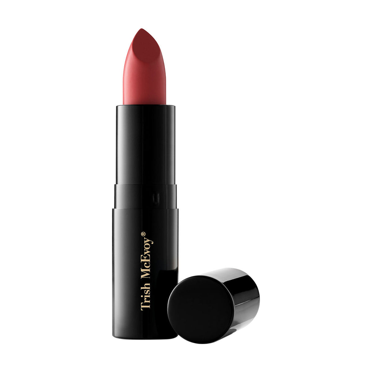 An open tube of Trish McEvoy Easy Lip Color in a luxurious deep rose hue, with the cap resting beside it.