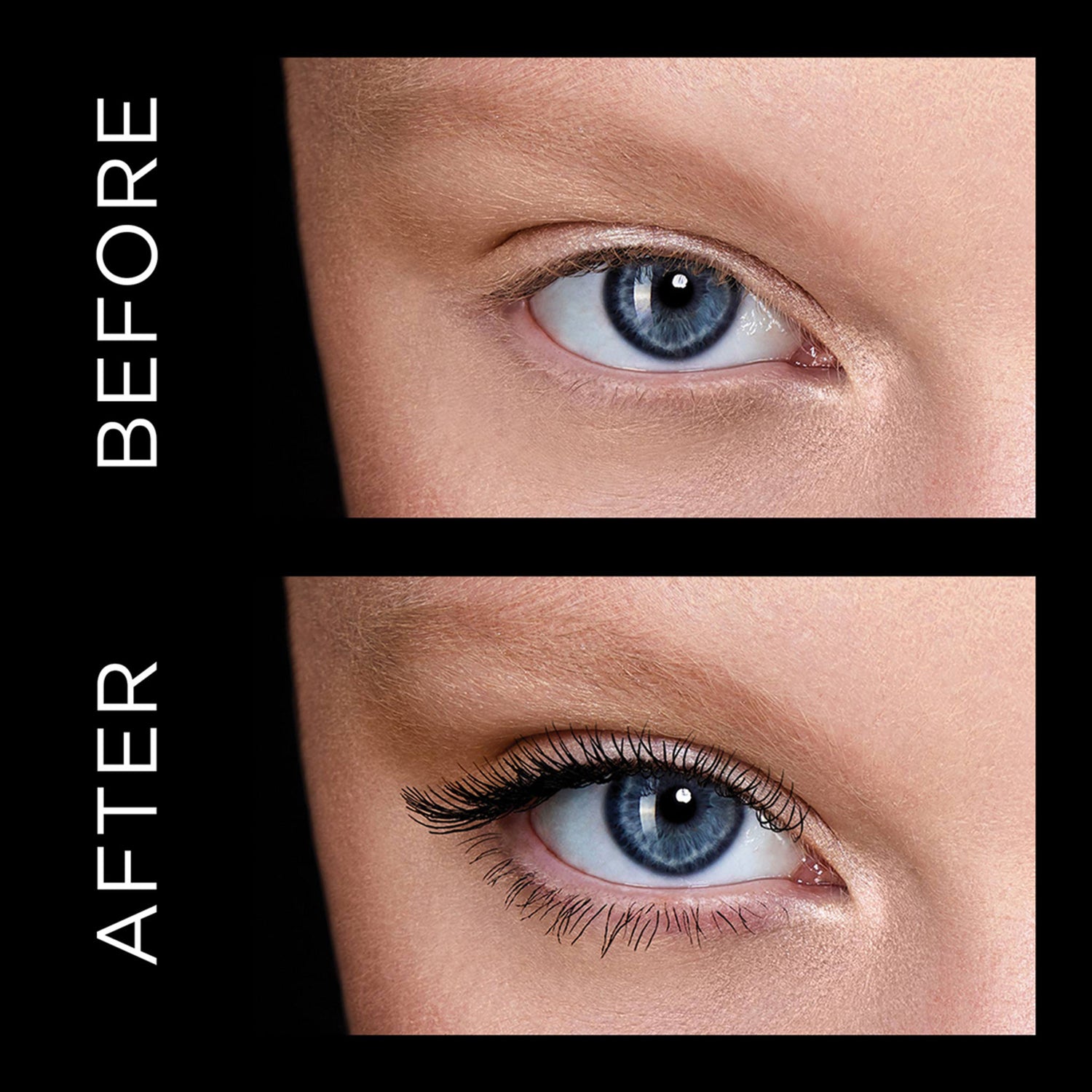 Hourglass Caution Extreme Lash Mascara Size variant: Full before and after image . This product is in the color black