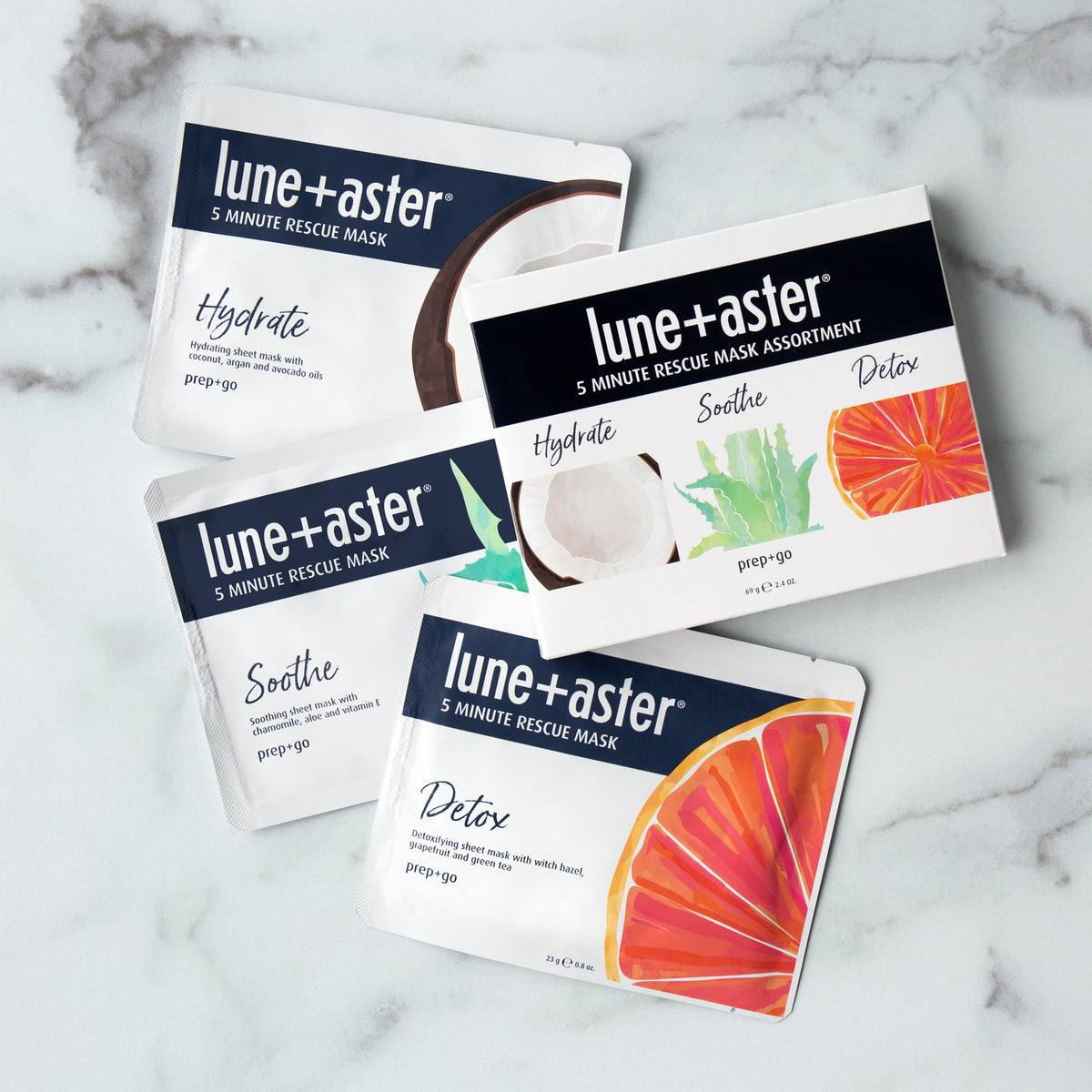 Lune+Aster 5 Minute Rescue Mask Assortment Trio Hydrate, Soothe and Detox .