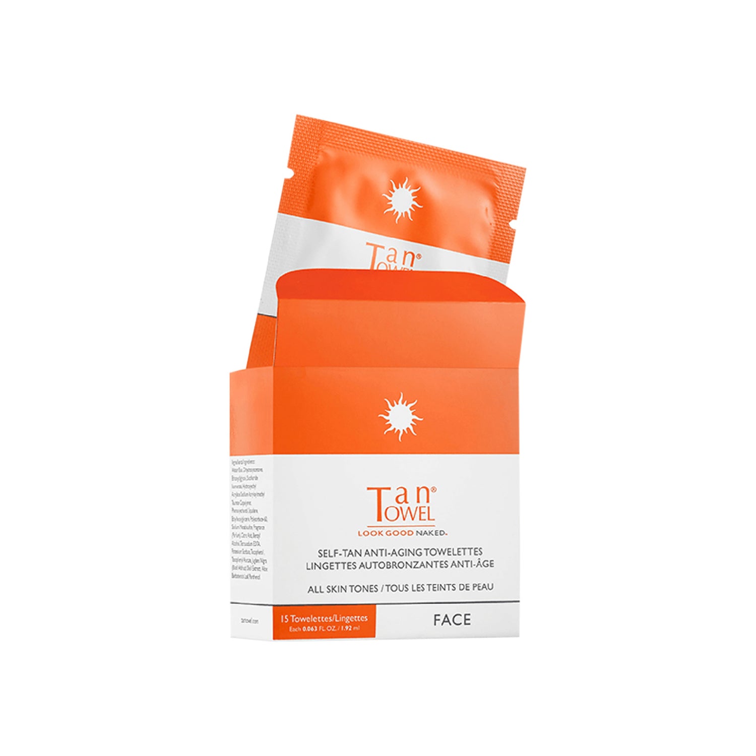 TanTowel Self-Tan Anti-Aging Towelettes open container image.