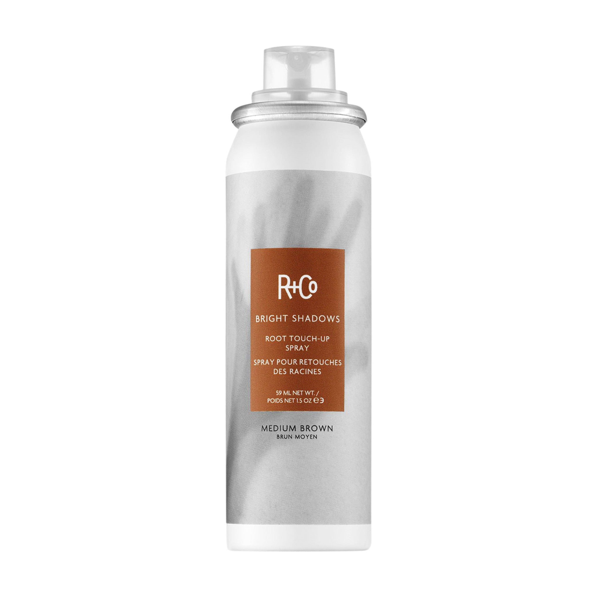 R+Co Bright Shadows Root Touch Up Spray - Medium Brown main image. This product is for brown hair